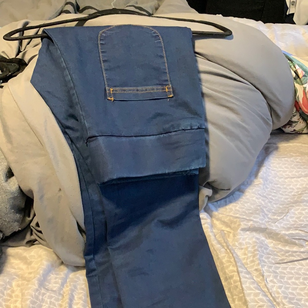 Dark stretch pants looks denim